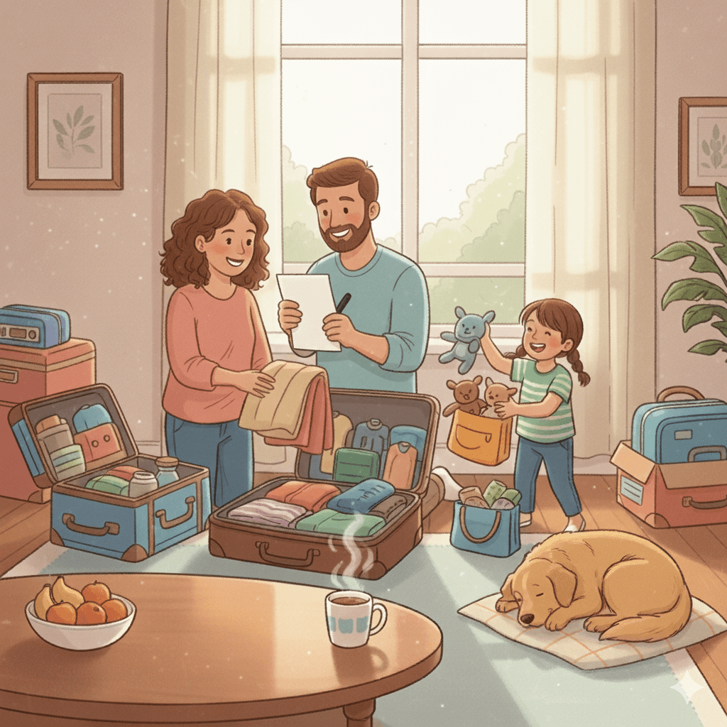 Family organizing and packing for their vacation